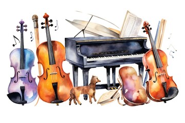 Watercolor music instruments clip art on white background Generative AI