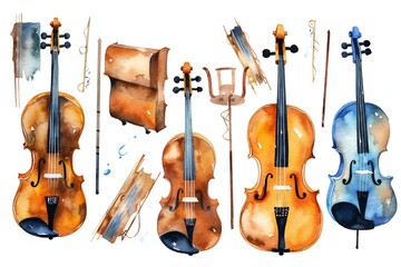 Naklejka premium Watercolor music instruments clip art on white background Generative AI