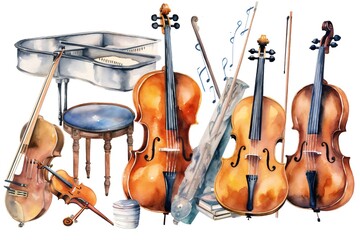 Watercolor music instruments clip art on white background Generative AI