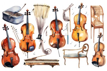 Watercolor music instruments clip art on white background Generative AI