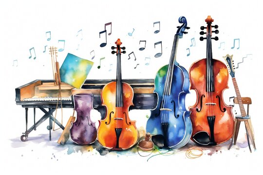 watercolor musical instruments, colorful, music notes clip art preview