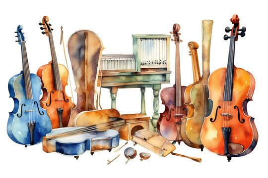 watercolor musical instruments, violins, cello, piano clip art preview