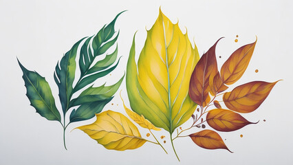 Watercolor autumn leaves on white background.