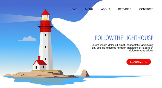 Follow the lighthouse Landing web page with lighthouse on the island by the sea