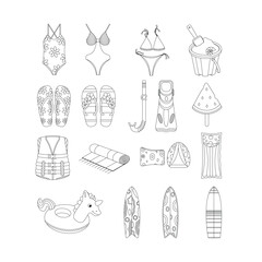 Beach set for summer trips. Swimsuit, bucket, sand, tube, flippers, snorkeling, flip-flops, inflatable cuffs, mattress, circle, unicorn, surfboard.