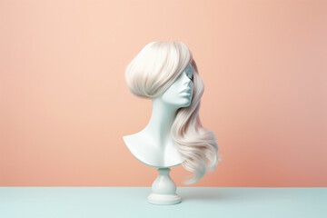 Beautiful log blond hair wig on white mannequin head - obrazy, fototapety, plakaty