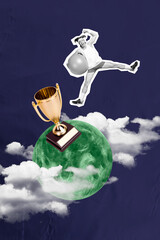 Vertical collage picture of black white gamma sporty mini guy jump hold fitball big green moon...