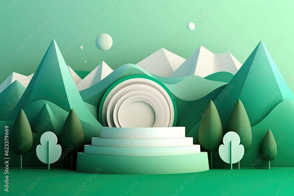 Poster papaer cut style cylindrical podium for presentation of new product on a mint background with trees 