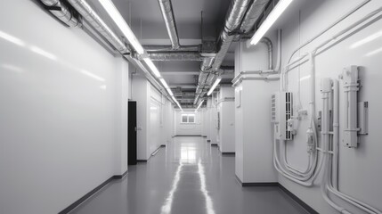 A corridor with white walls and pipes on the ceiling. Generative AI