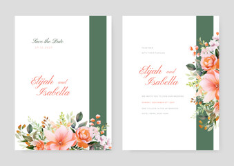 wedding invitation minimal template design with watercolor flower and leaf, watercolor invitation, beautiful floral wreath.