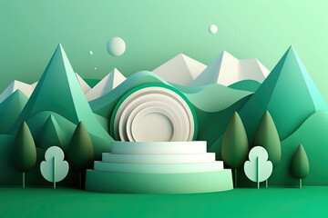 Fototapeta premium Papaer cut style cylindrical podium for presentation of new product on a mint background with trees and mountains, created with Generative AI