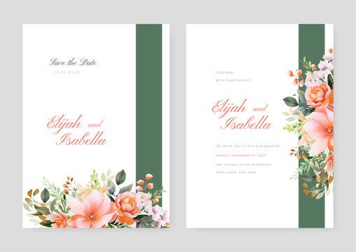 wedding invitation minimal template design with watercolor flower and leaf, watercolor invitation, beautiful floral wreath.