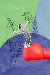 Vertical collage image of black white effect mini girl stand balancing huge boxing glove isolated...