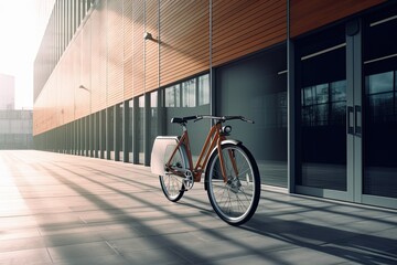 Modern electric white bicycle in front of the modern office glass building on sunny autumn day