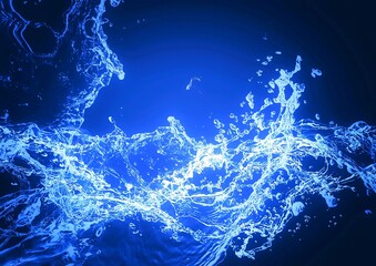 黒背景に飛び散る抽象的な青い水しぶきの3dイラスト