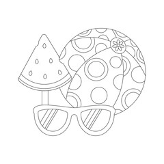 Beach set for summer trips. Sunglasses, watermelon ice cream, inflatable ball. Line art.