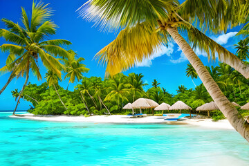 Naklejka na ściany i meble beach with palms and turquoise sea. (Generative AI)