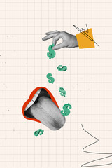 Vertical collage image of black white effect big mouth eat tongue catch arm fingers hold throw...