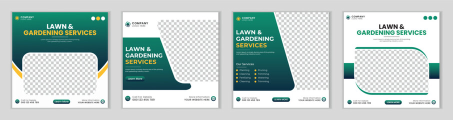 Lawn or gardening service social media post and web banner template.
Lawn care or gardening landscaping service bundle Instagram post.