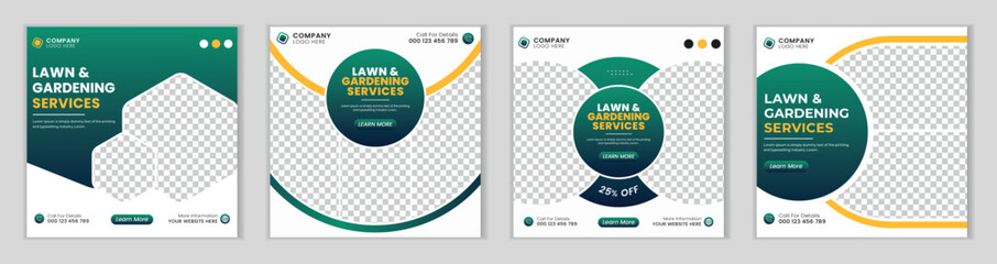 Lawn or gardening service social media post and web banner template.
Lawn care or gardening landscaping service bundle Instagram post.