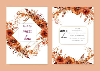 Fototapeta premium Beautiful floral wedding invitation template with flower and leaves decoration
