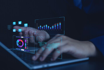 analyst working Computerized data management system to generate reports with KPIs and databases, financial organization strategies. Operations, Sales, Marketing	