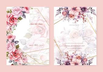 Boho wedding invitation template with romantic red and pink dried floral and leaves decoration