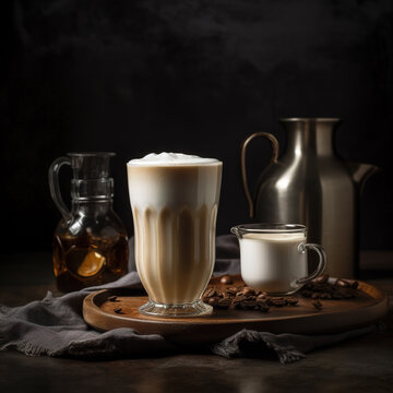 Coffee Latte. Mocha with milk foam. Glass mug, dark wooden background. Studio shooting.