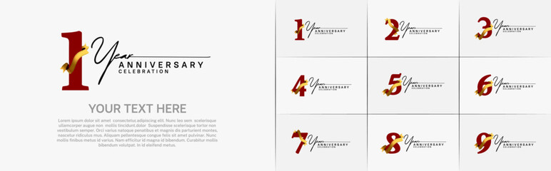 set of anniversary logo with red number and golden ribbon can be use for celebration
