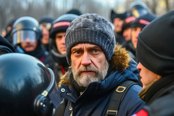 Fototapeta premium An adult man stands in the crowd at a demonstration for his rights. Clashes with the police. Generative AI