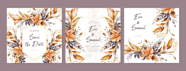 Fototapeta na wymiar Elegant wedding invitation card template with watercolor and floral decoration.