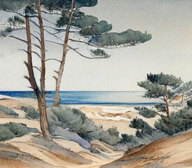 seascape with pine trees and dunes, watercolor drawing