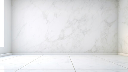 Fototapeta premium White wall empty apartment room with marble floor and walls. Copy space for product placement. Generative AI