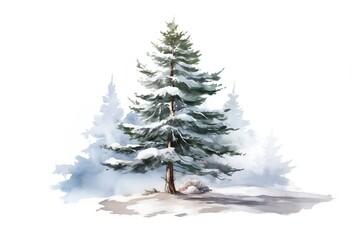 Watercolor snowy pine tree on white background Generative AI