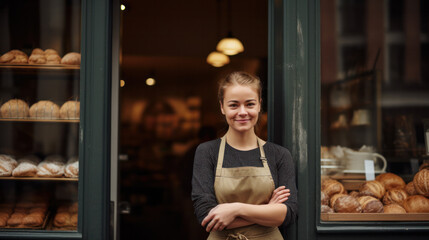 business owner with bakery shop background
