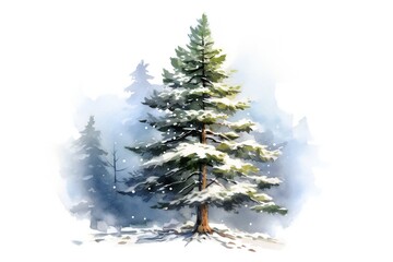 Fototapeta premium Watercolor snowy pine tree on white background Generative AI