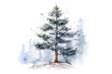 Watercolor snowy pine tree on white background Generative AI