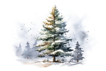 Fototapeta premium Watercolor snowy pine tree on white background Generative AI