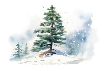 Watercolor snowy pine tree on white background Generative AI