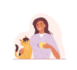 Happy woman sitting with cat and holding coffee cup. Daily life