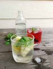 Blurred of summer soft drink  pineapple and fruit mix berry