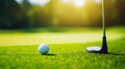 Golf club and golf ball on green grass background. Blurred backdrop. Outdoor sport on a sunny day. Generative AI