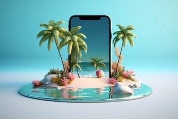 Creative summer beach on smartphone with blue background. created generative ai.