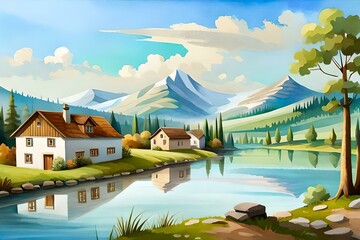 Naklejka premium landscape with lake Generated AI