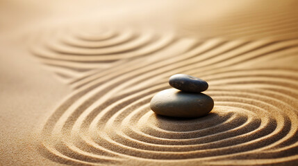 Pebble stones lie on the sand in definite order. Zen meditation. Generative AI