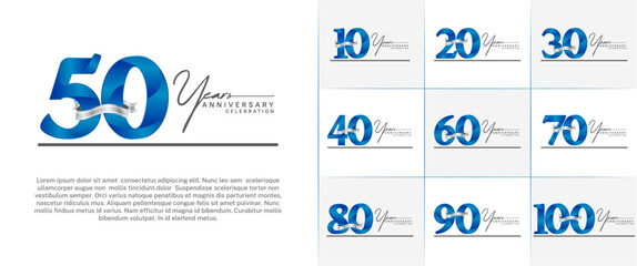 set of anniversary logo with blue number and silver ribbon, handwriting text can be use for celebration