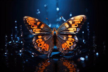 Fototapeta na wymiar Butterfly over water with splashes on a black background
