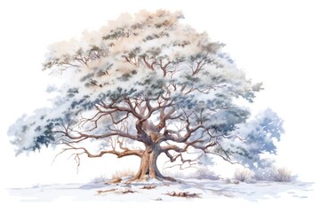 Watercolor snowy tree on white background Generative AI