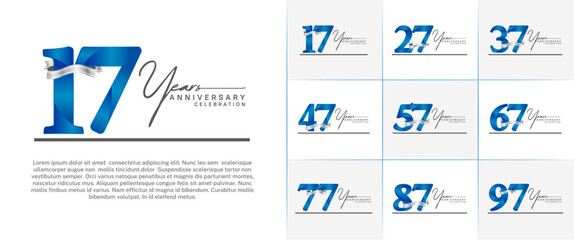 set of anniversary logo with blue number and silver ribbon, handwriting text can be use for celebration