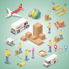 delivery logistics shipment isometric icons set with isolated images cardboard boxes people uniform illustration city transport isometric icons set transportation logistic shipment delivery